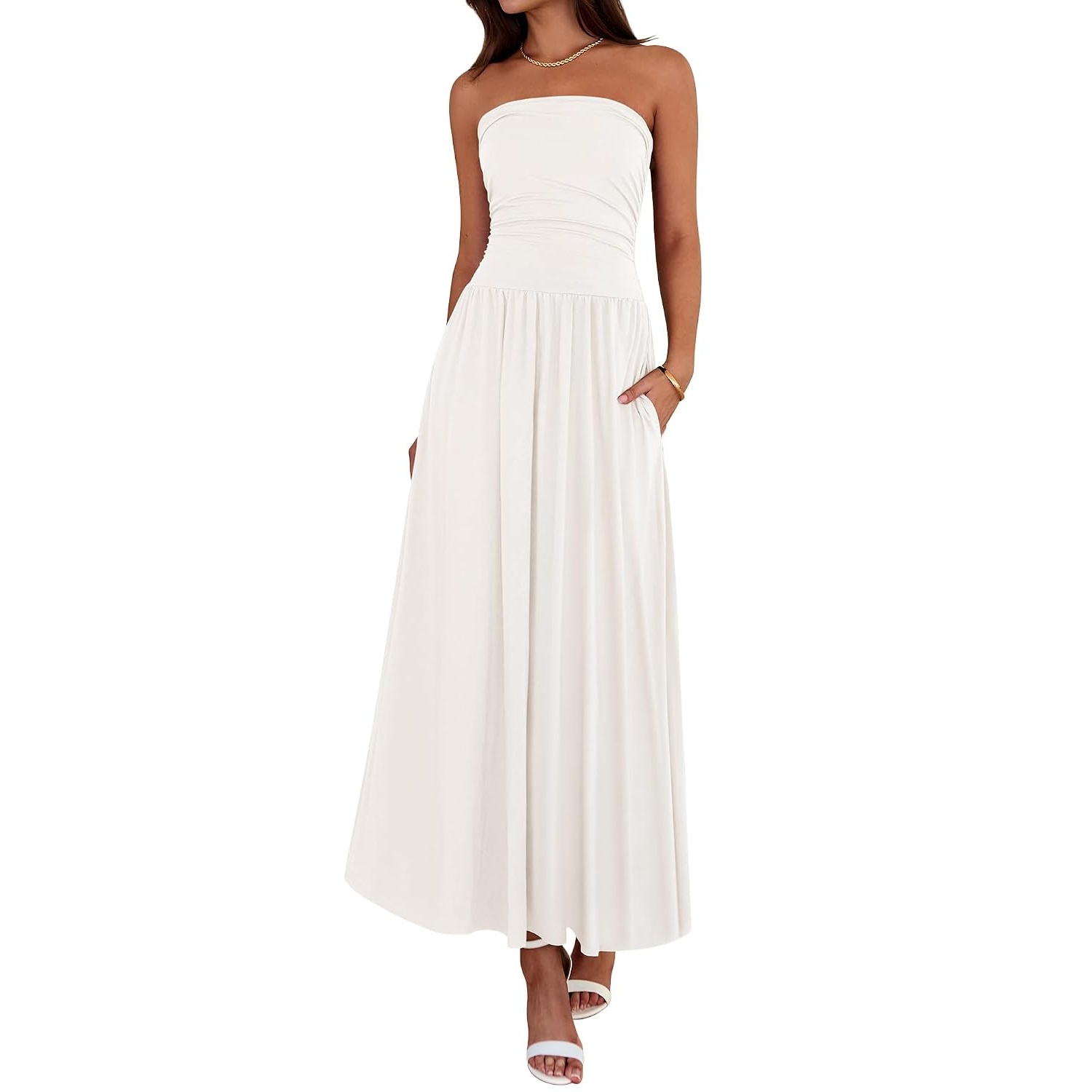 Casual Strapless Ruched Maxi Dress With Pockets For Women