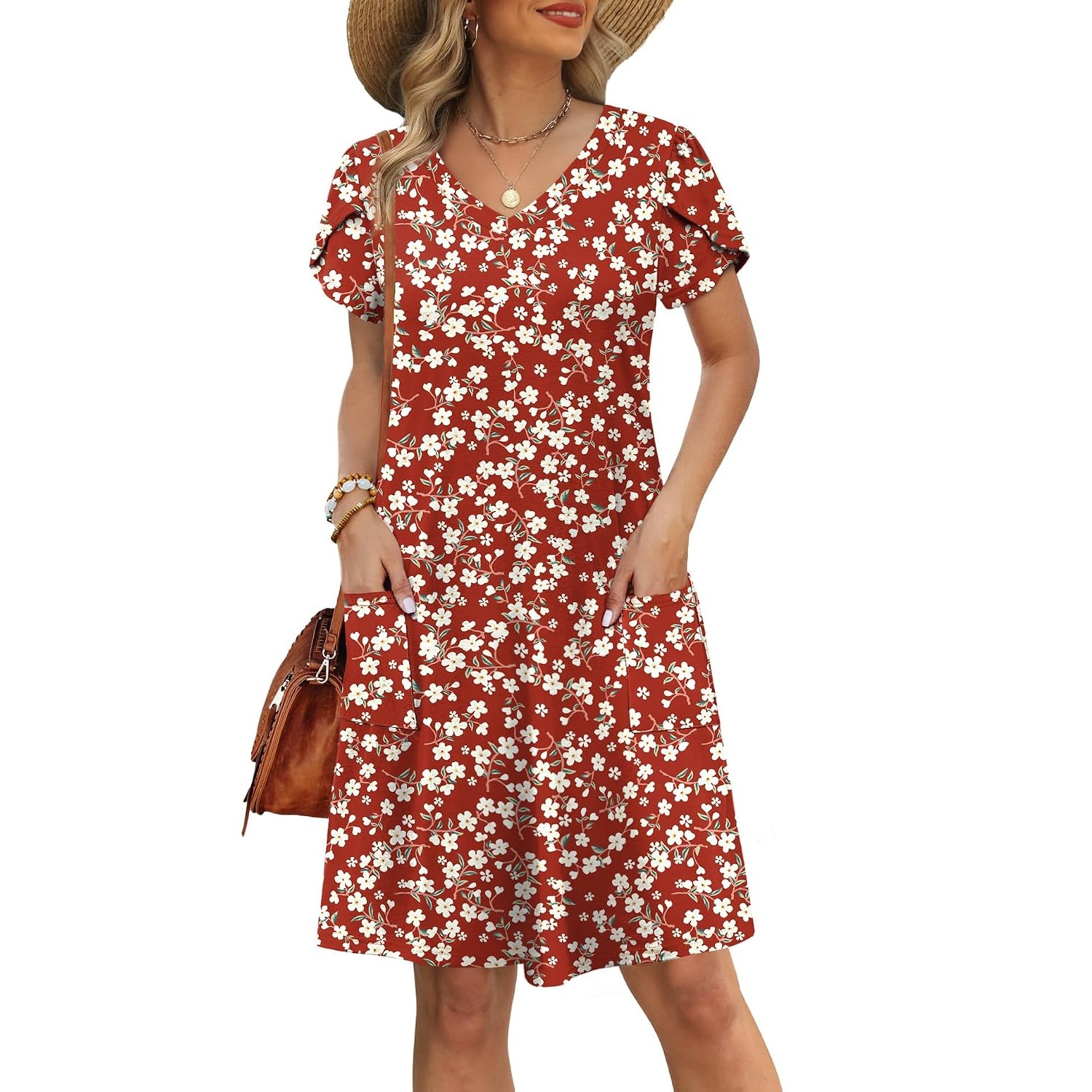 Short Sleeve Summer Loose Swing Sundresses With Pockets