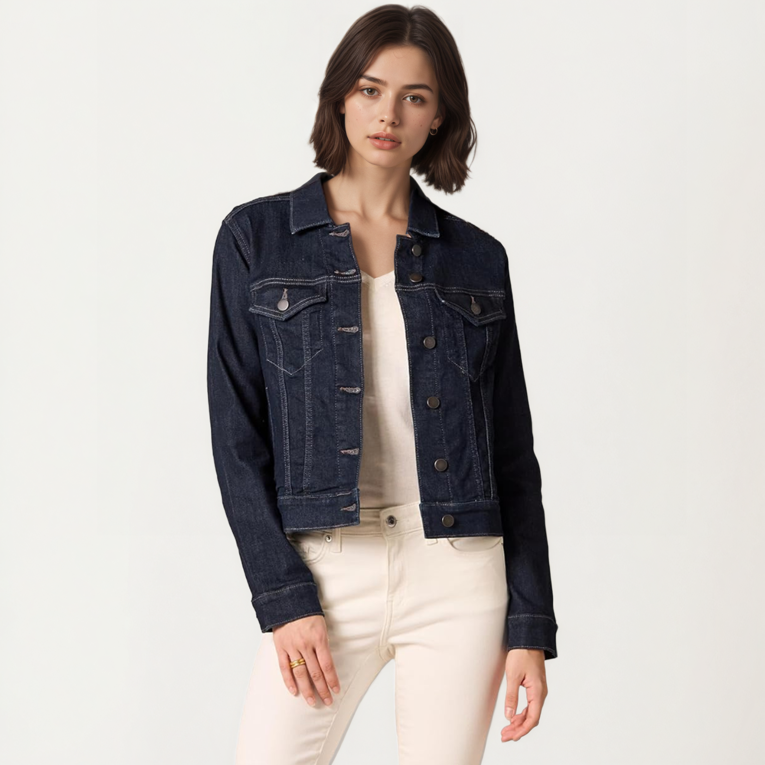 Women Classic Front Button with Pockets Denim Jacket
