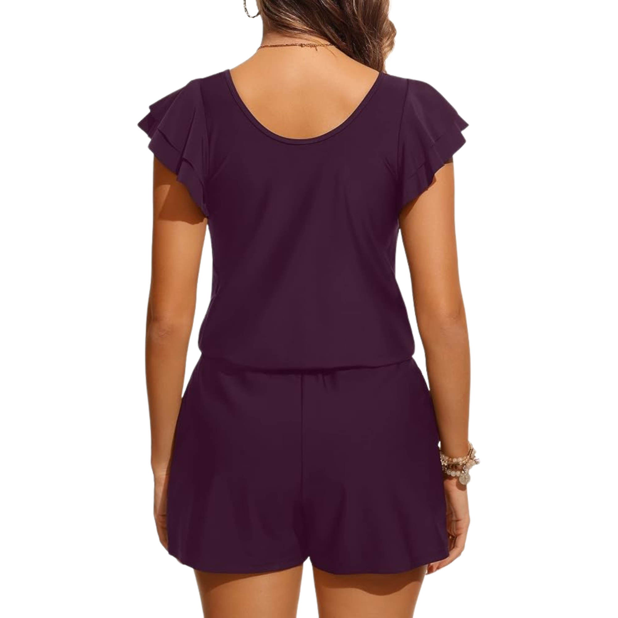 One Piece Ruffle Sleeves Swim Romper For Women With Shorts And Pockets