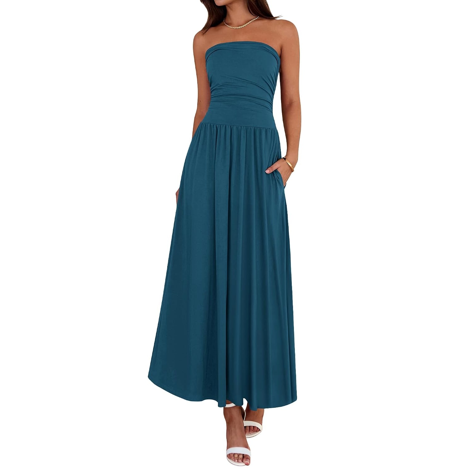 Casual Strapless Ruched Maxi Dress With Pockets For Women