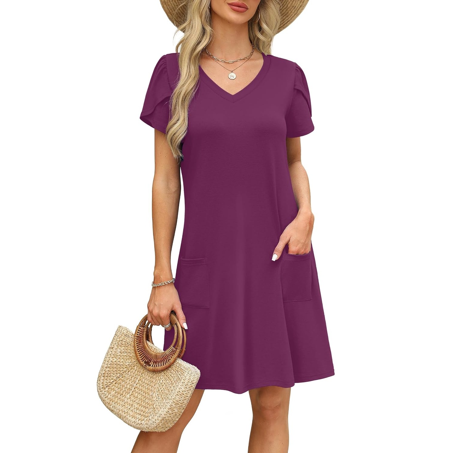 Short Sleeve Summer Loose Swing Sundresses With Pockets