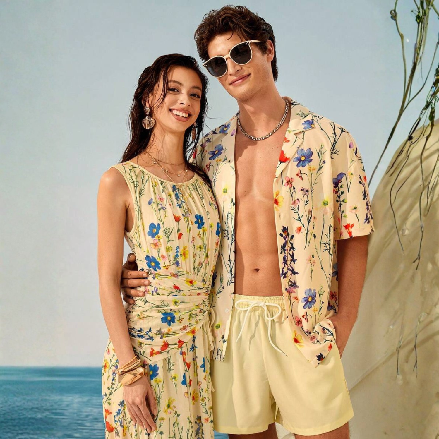 Floral Couple Beach Men Shirt Shorts And Women Swimwear Outfit Set
