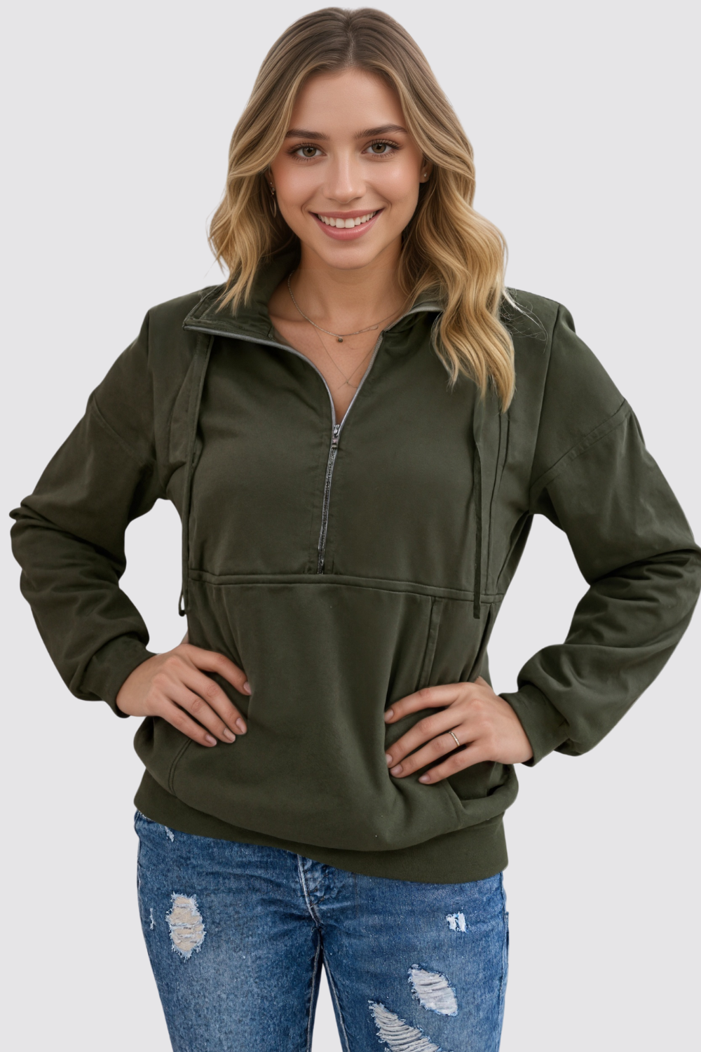 Casual Long Sleeve Lapel Zipper Drawstring Loose Pullover Sweatshirt
