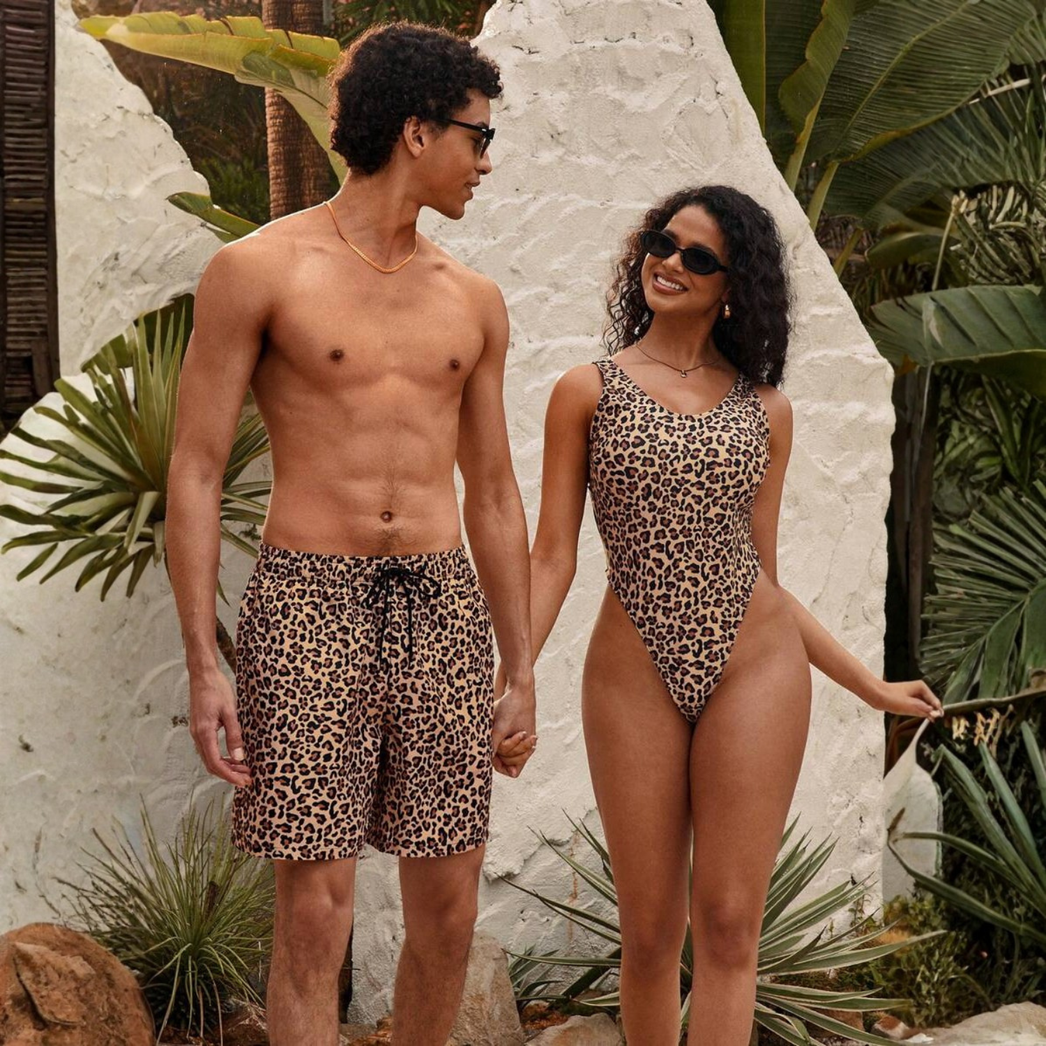 Leopard Print Drawstring Men Shorts And Women Swimwear Set For Beach