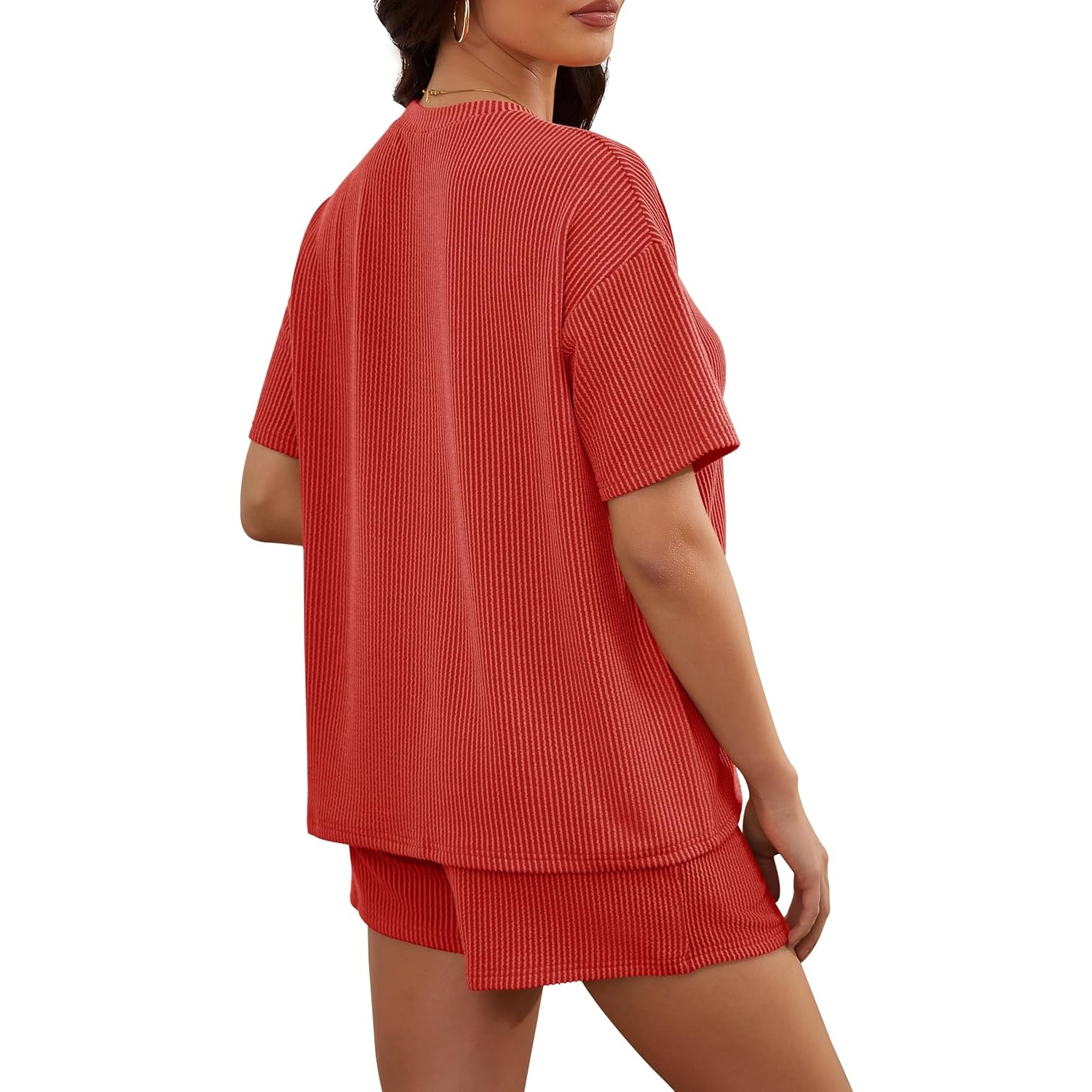 2 Piece Ribbed Knit Shorts Set with Short Sleeve Top For Women