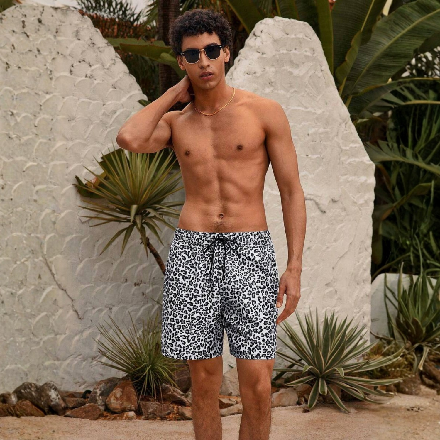 Leopard Print Drawstring Men Shorts And Women Swimwear Set For Beach
