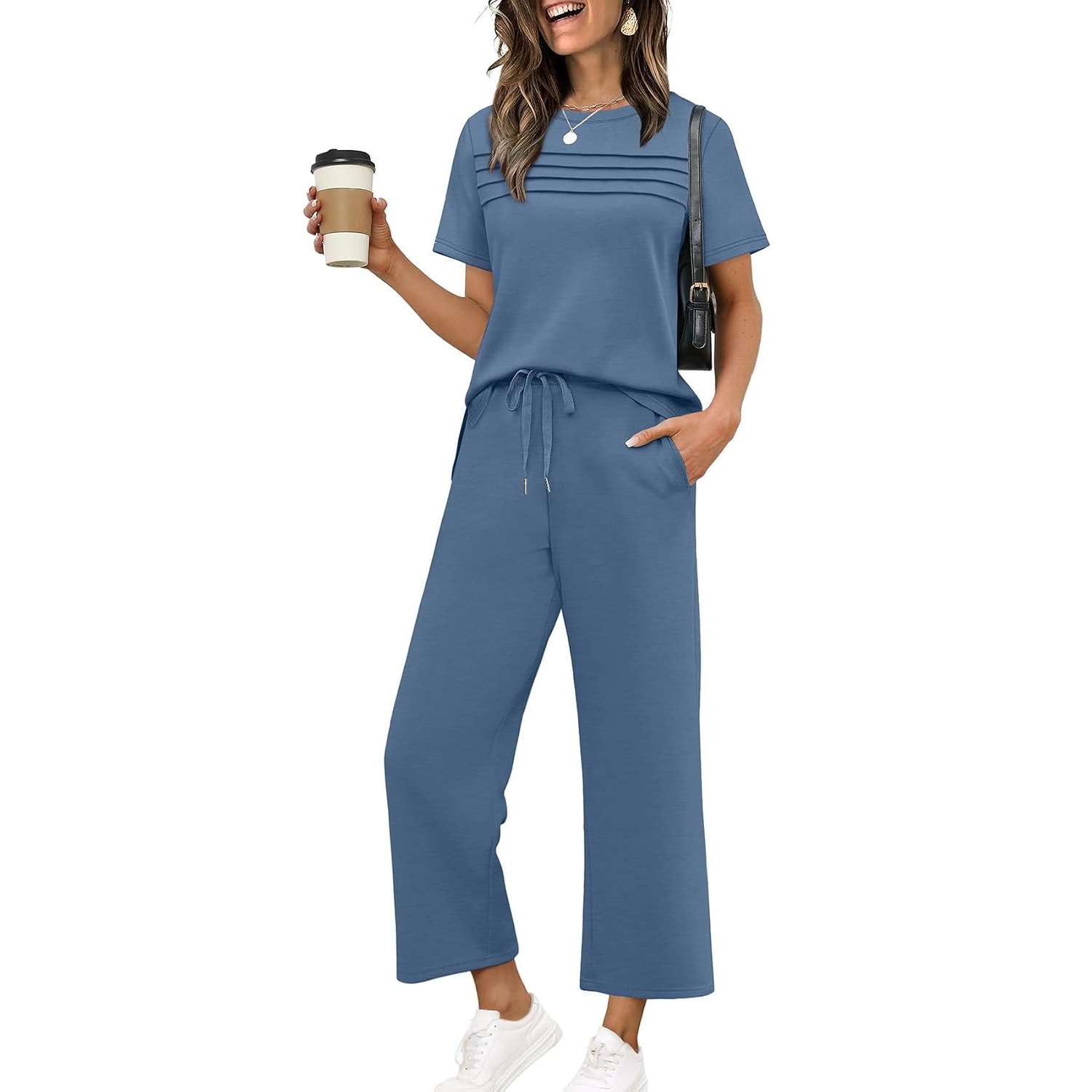 Two Piece Travel Outfit With Wide Length Pants For Women