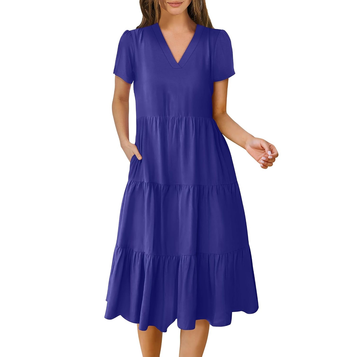 Casual Short Sleeve Tiered Boho Beach Midi Dress For Women
