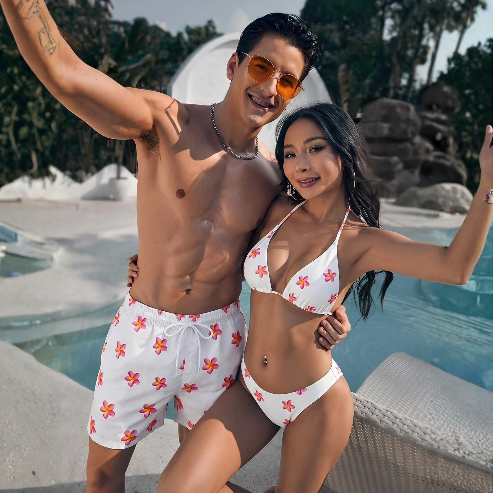 Floral Print Drawstring Beach Shorts For Men And Women Matching Couples