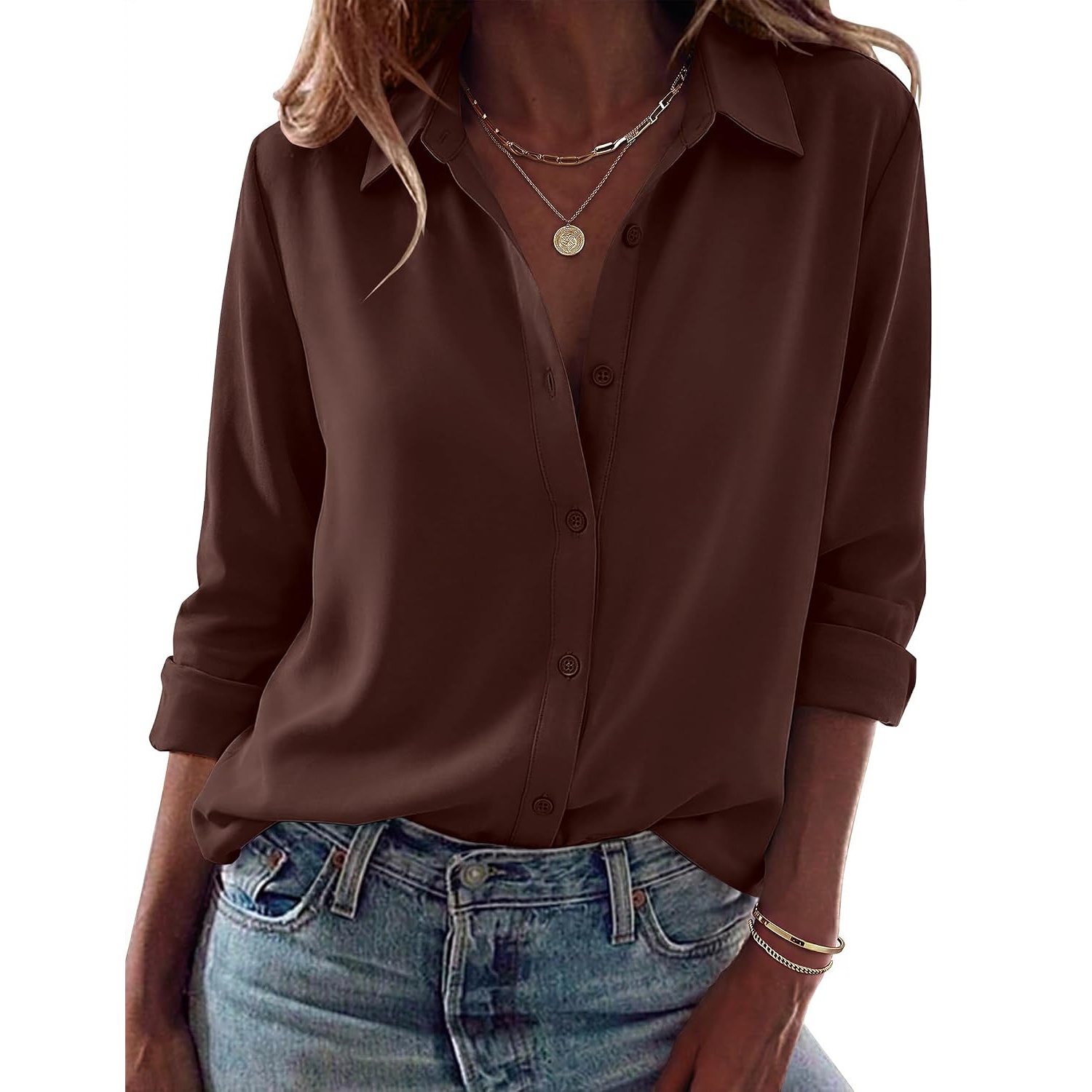 Casual Long Sleeve Button Down Blouse For Women