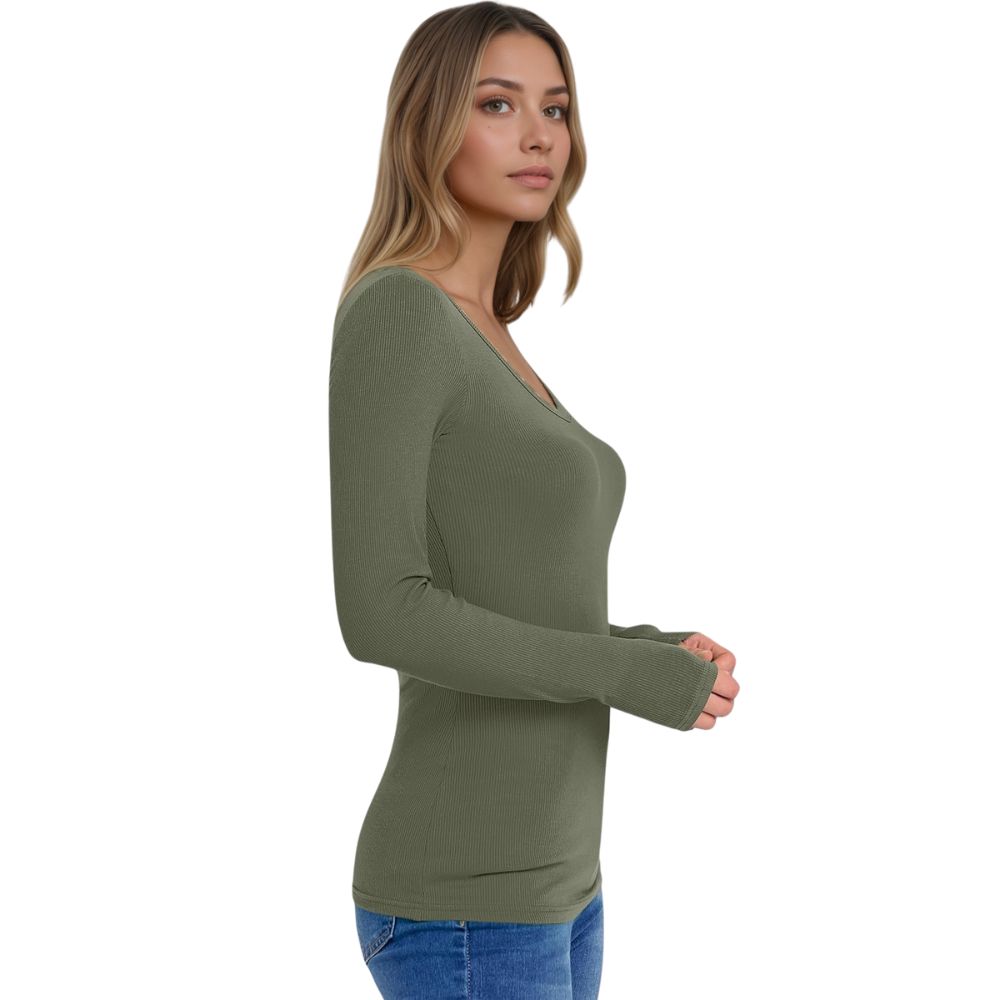 Long Sleeve Shirts for Women V Neck Ribbed Knit Fitted Fall Basic Tshirts