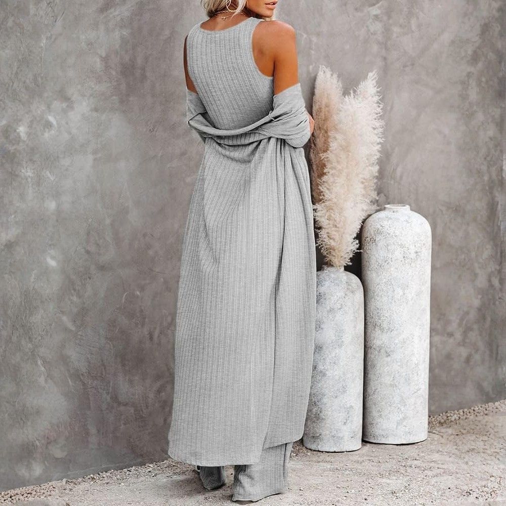 Women's 3 Piece Lounge Sets Pajamas Knit Long Sleeve Cardigan Crop Top Wide Leg Pants