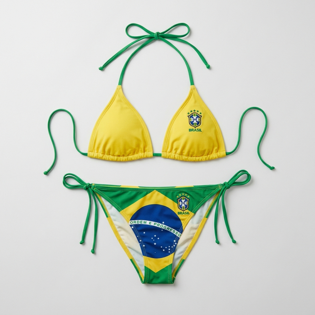 Brazil World Cup 2026 fan bikini flat lay, front