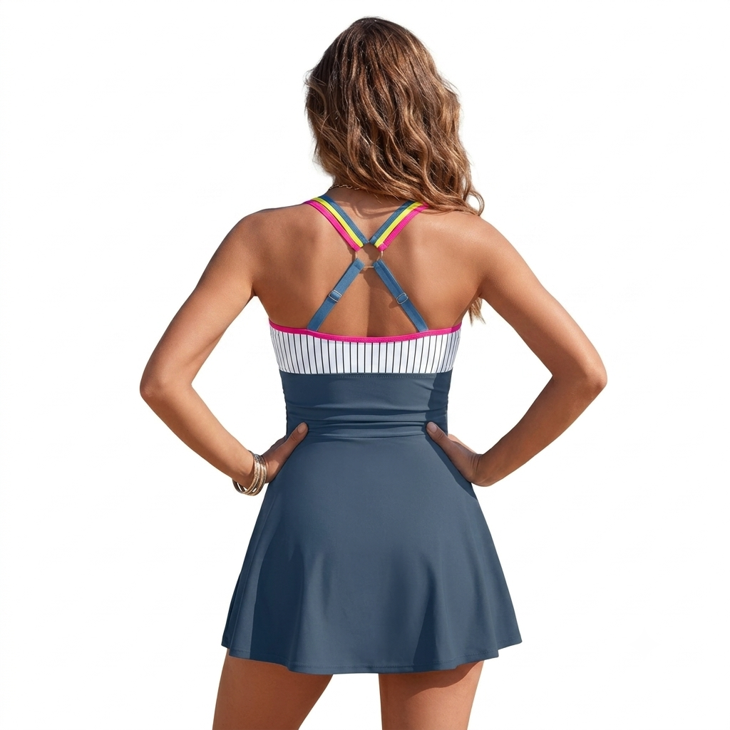 High Rise One Piece Swim Dress With Skirt And Adjustable Straps For Women