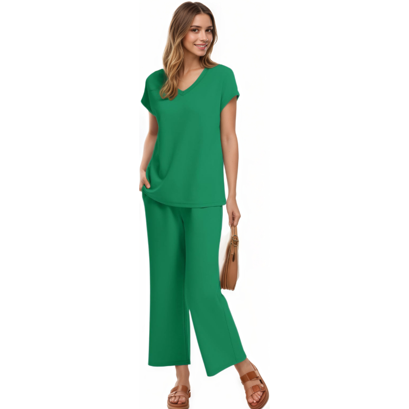 Two Piece Lounge Sets For Women With Summer Short Sleeve Top And Wide Pants