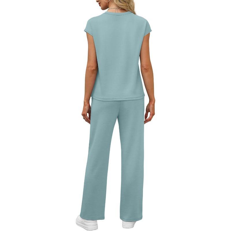 Two Piece Lounge Sets For Women With Cap Sleeve Top And Matching Pants