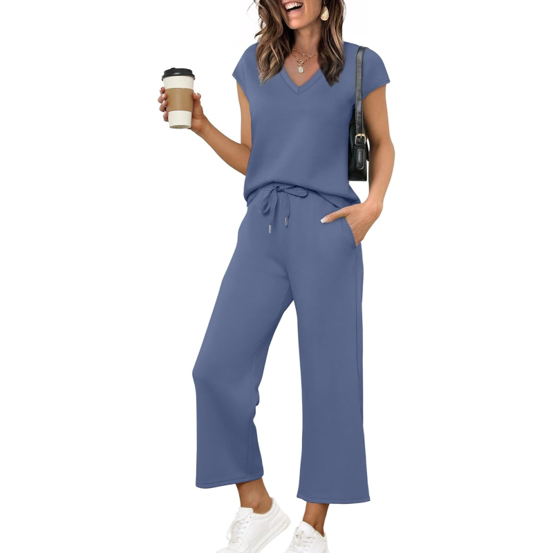 Two Piece Lounge Sets For Women With Summer Short Sleeve Top And Wide Pants