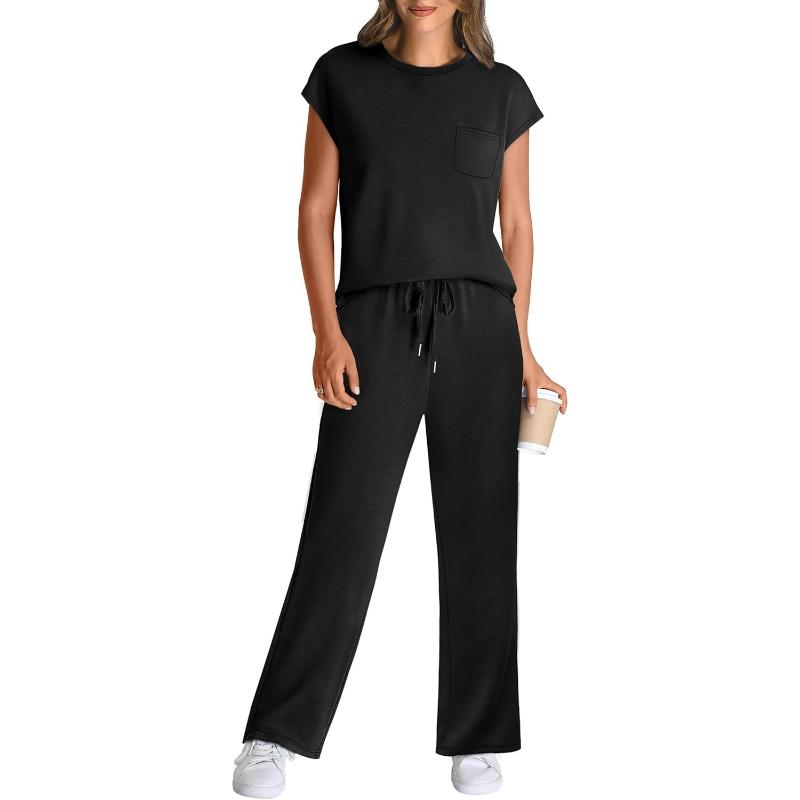 Two Piece Lounge Sets For Women With Cap Sleeve Top And Matching Pants