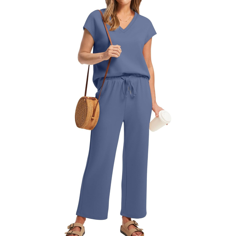 Two Piece Lounge Sets For Women With Summer Short Sleeve Top And Wide Pants