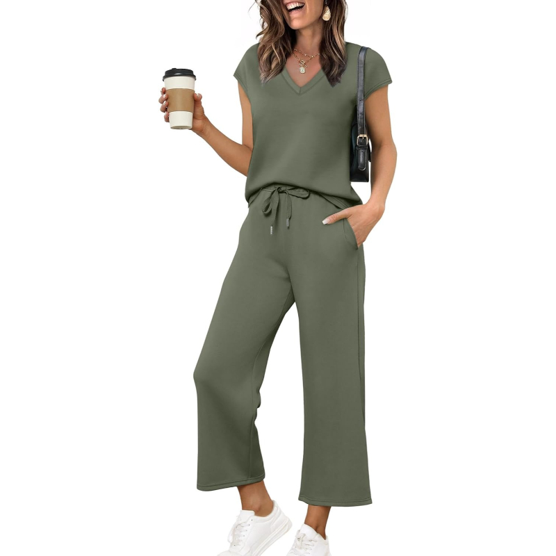 Two Piece Lounge Sets For Women With Summer Short Sleeve Top And Wide Pants