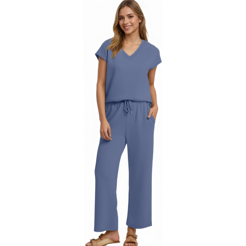 Two Piece Lounge Sets For Women With Summer Short Sleeve Top And Wide Pants
