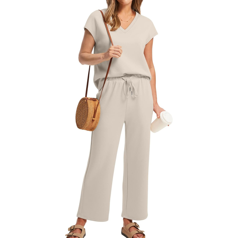 Two Piece Lounge Sets For Women With Summer Short Sleeve Top And Wide Pants
