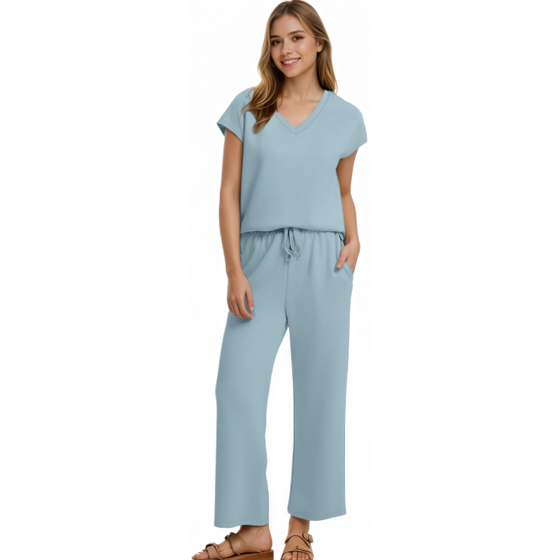 Two Piece Lounge Sets For Women With Summer Short Sleeve Top And Wide Pants