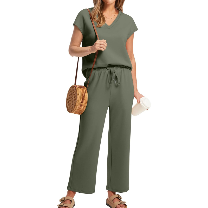 Two Piece Lounge Sets For Women With Summer Short Sleeve Top And Wide Pants