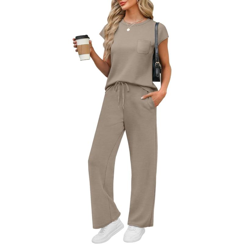 Two Piece Lounge Sets For Women With Cap Sleeve Top And Matching Pants