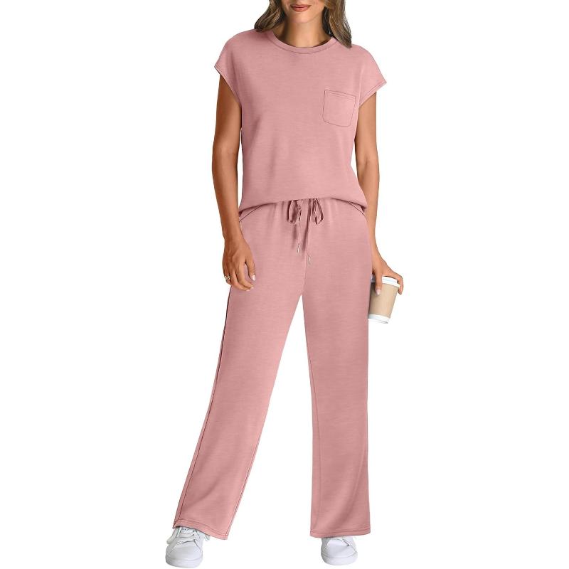 Two Piece Lounge Sets For Women With Cap Sleeve Top And Matching Pants