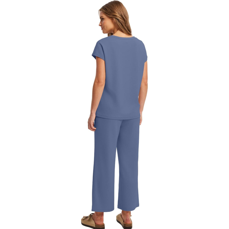 Two Piece Lounge Sets For Women With Summer Short Sleeve Top And Wide Pants
