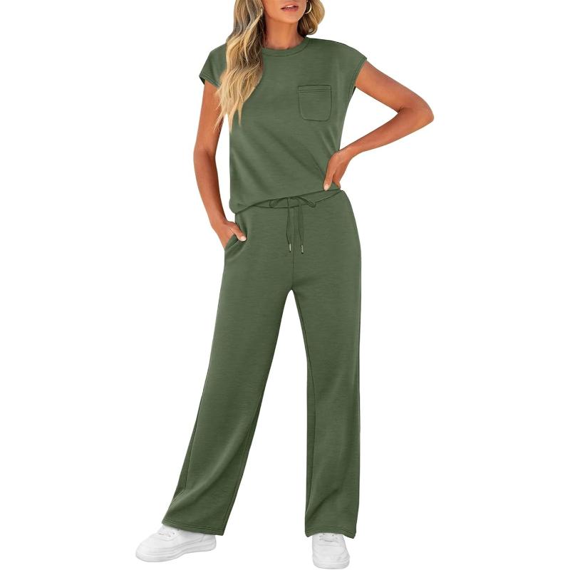 Two Piece Lounge Sets For Women With Cap Sleeve Top And Matching Pants
