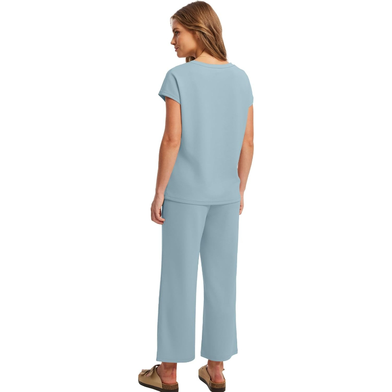 Two Piece Lounge Sets For Women With Summer Short Sleeve Top And Wide Pants