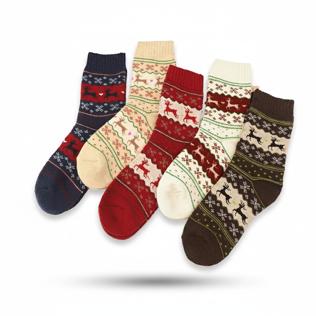 5 Pair Of Cozy Elk Print Christmas Socks For Women