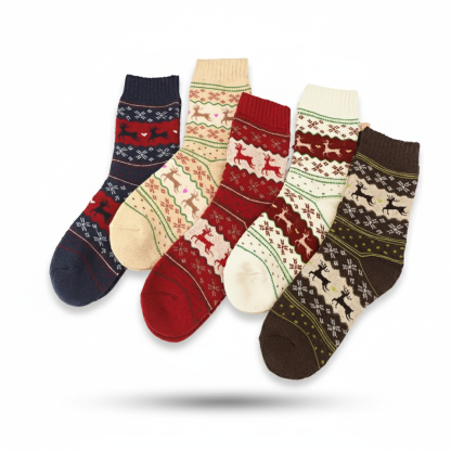 5 Pair Of Cozy Elk Print Christmas Socks For Women