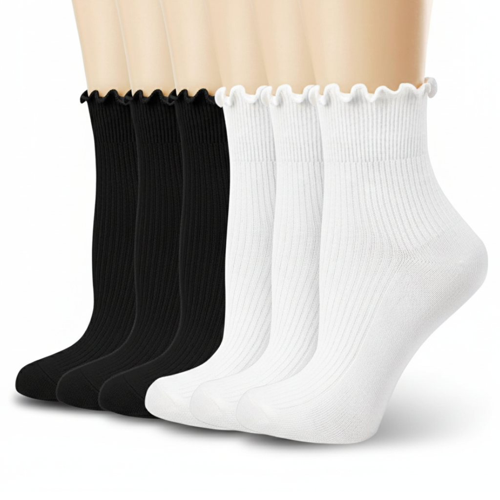 Pack of 6 Women Casual Cute Ankle Breathable Knit Cotton Soft Crew Ruffle SocksPair Of 6 Knit Soft Crew Ruffle Socks For Women - Image 8