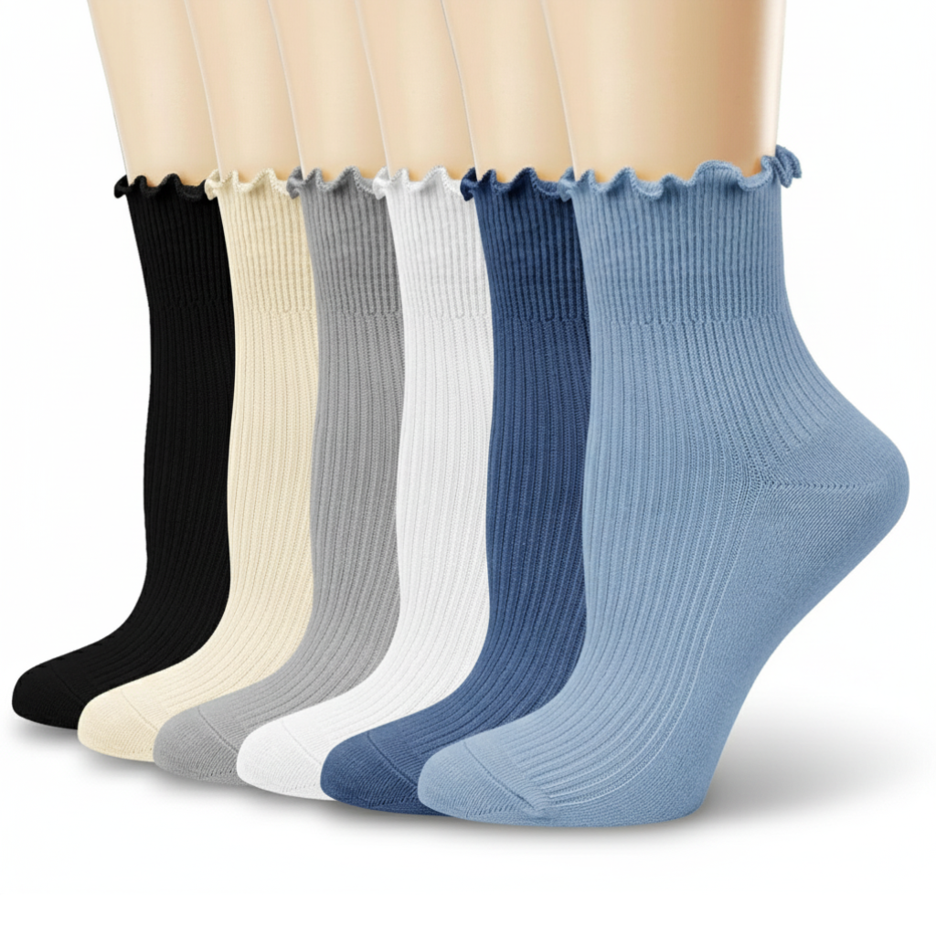 Pack of 6 Women Casual Cute Ankle Breathable Knit Cotton Soft Crew Ruffle SocksPair Of 6 Knit Soft Crew Ruffle Socks For Women - Image 10