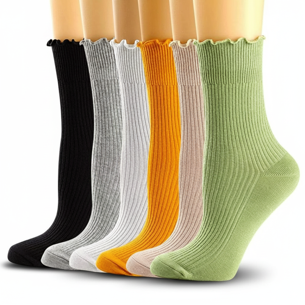 Pack of 6 Women Ruffle Turn Cuff Casual Cool Knit Cotton Lettuce Ankle Crew Socks