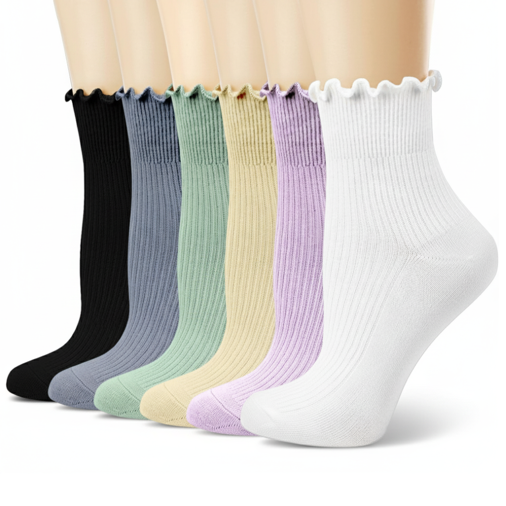 Pack of 6 Women Casual Cute Ankle Breathable Knit Cotton Soft Crew Ruffle Socks