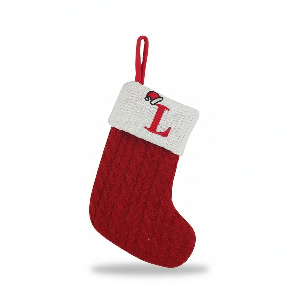 Christmas Knitted Stocking With Letter Print And Hanging Rope For Tree And Gifts