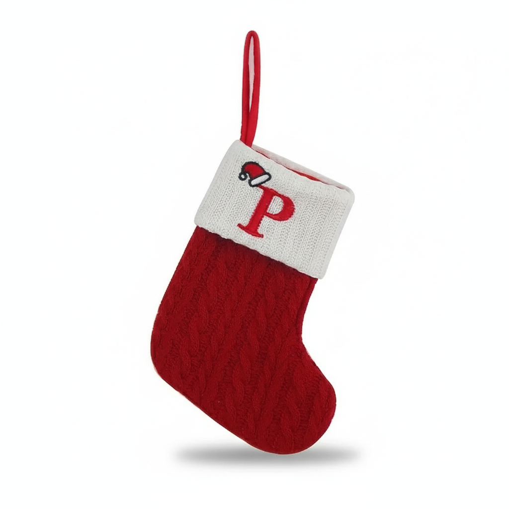 Christmas Knitted Stocking With Letter Print And Hanging Rope For Tree And Gifts