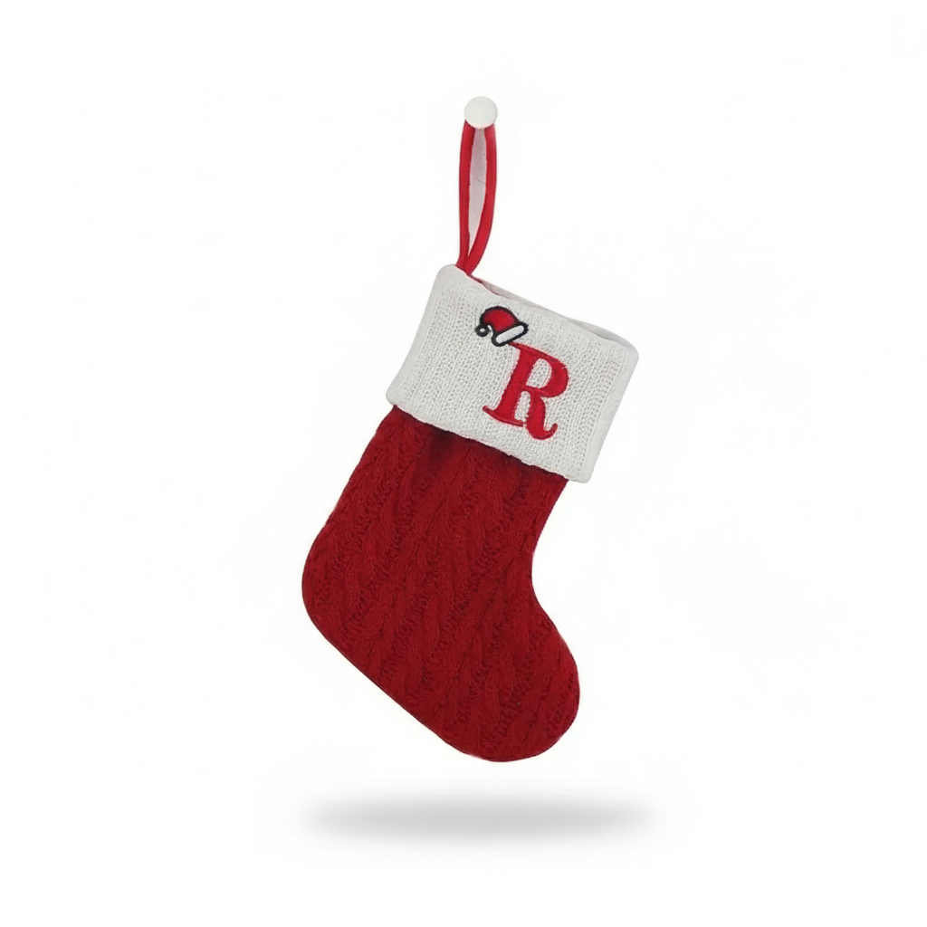 Christmas Knitted Stocking With Letter Print And Hanging Rope For Tree And Gifts