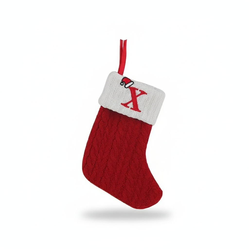 Christmas Knitted Stocking With Letter Print And Hanging Rope For Tree And Gifts