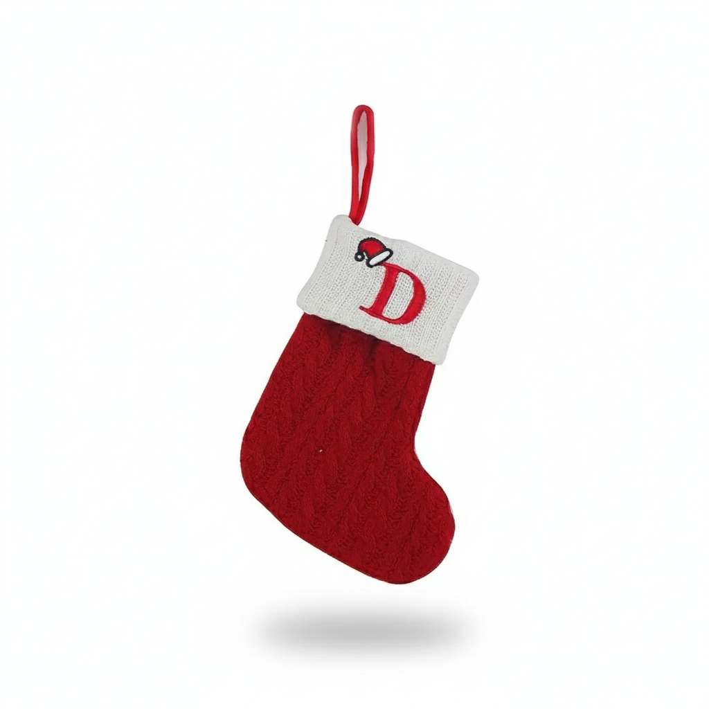 Christmas Knitted Stocking With Letter Print And Hanging Rope For Tree And Gifts