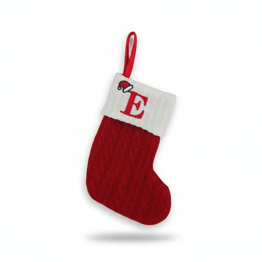 Christmas Knitted Stocking With Letter Print And Hanging Rope For Tree And Gifts