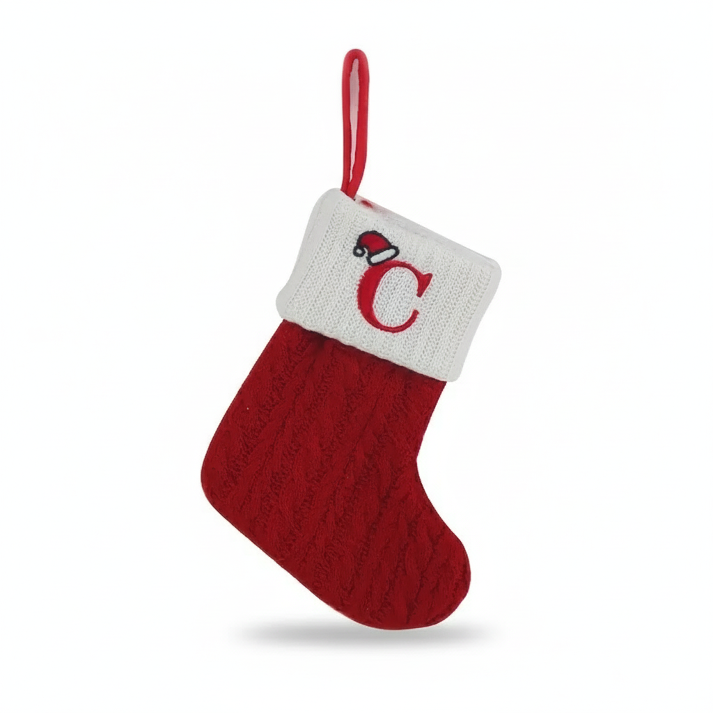 Christmas Knitted Stocking With Letter Print And Hanging Rope For Tree And Gifts