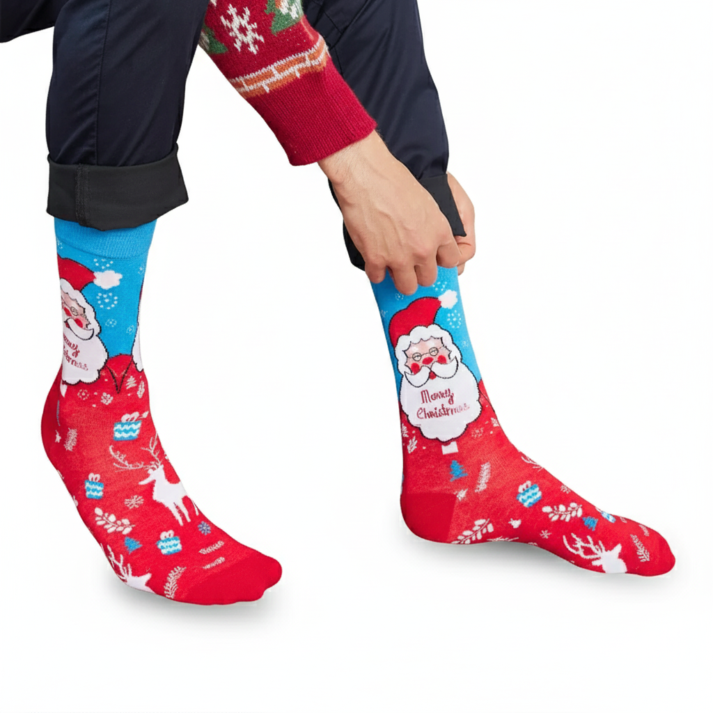Christmas Santa Claus Mid Calf Socks With Holly Berry Border