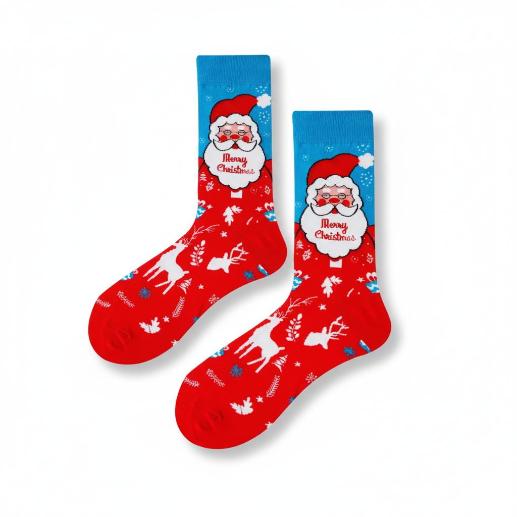 Christmas Santa Claus Mid Calf Socks With Holly Berry Border