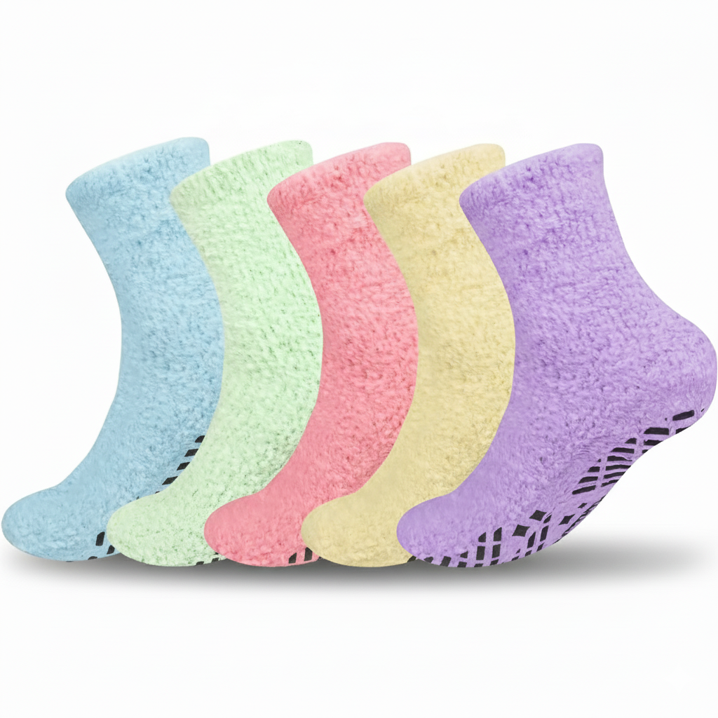 5 Pairs Warm Fluffy Slipper Socks With Grippers For Women
